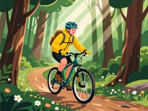 Adventurer Riding Bicycle Through Forest – 2D Vector Art
