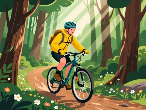 Adventurer Riding Bicycle Through Forest – 2D Vector Art