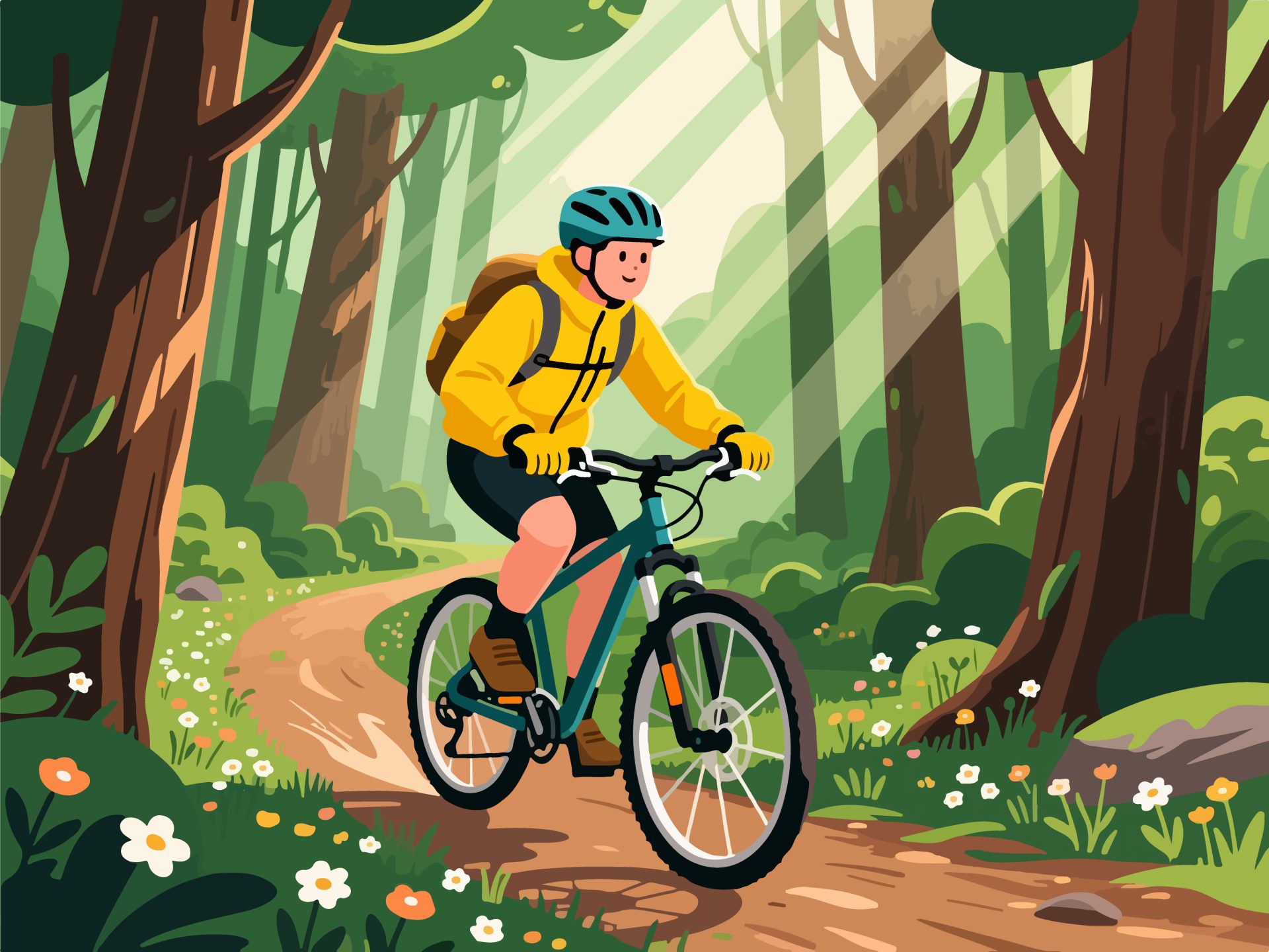 Adventurer Riding Bicycle Through Forest – 2D Vector Art