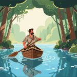 Adventurer in Boat on Calm River – 2D Vector Illustration