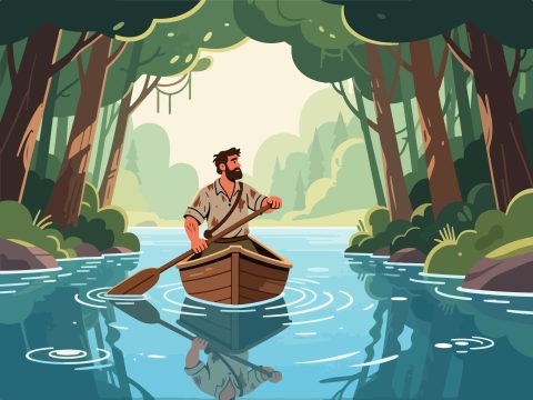 Adventurer in Boat on Calm River – 2D Vector Illustration