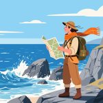 Adventurer Holding Map on Rocky Coastline – 2D Vector Art