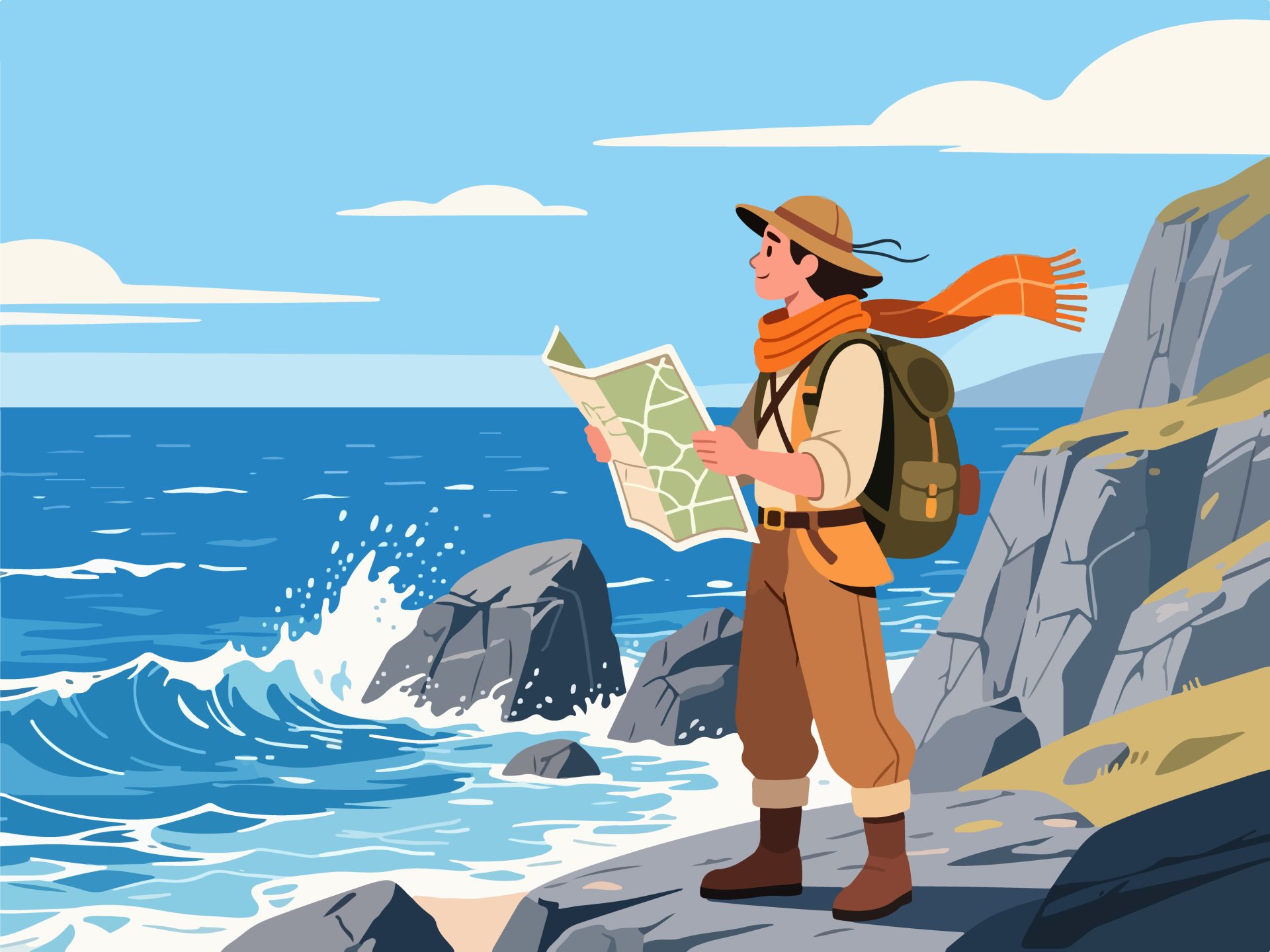 Adventurer Holding Map on Rocky Coastline – 2D Vector Art