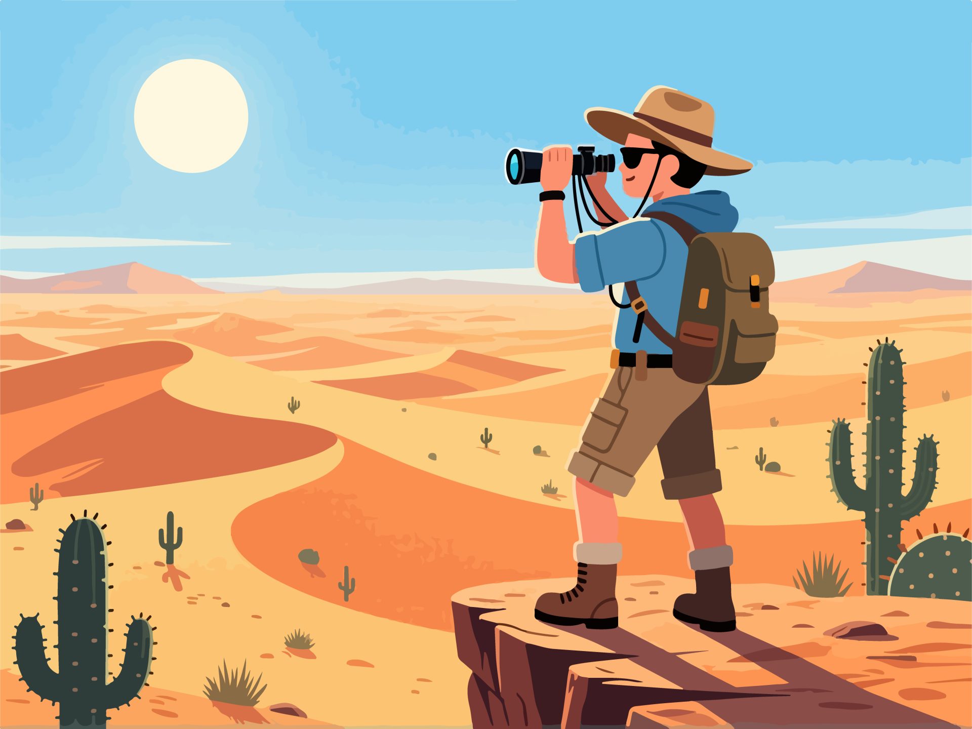 Adventurer on Cliff Overlooking Desert – 2D Vector Art