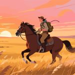 Adventurer Riding Horse at Sunset – 2D Vector Illustration