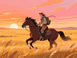 Adventurer Riding Horse at Sunset – 2D Vector Illustration