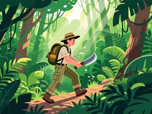 Adventurer Crossing Jungle – 2D Vector Illustration