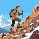 Adventurer Hiking Mountain Trail – 2D Vector Illustration