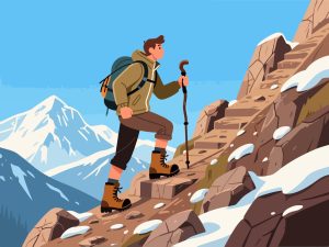 Adventurer Hiking Mountain Trail – 2D Vector Illustration