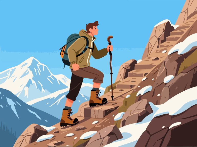 Adventurer Hiking Mountain Trail – 2D Vector Illustration