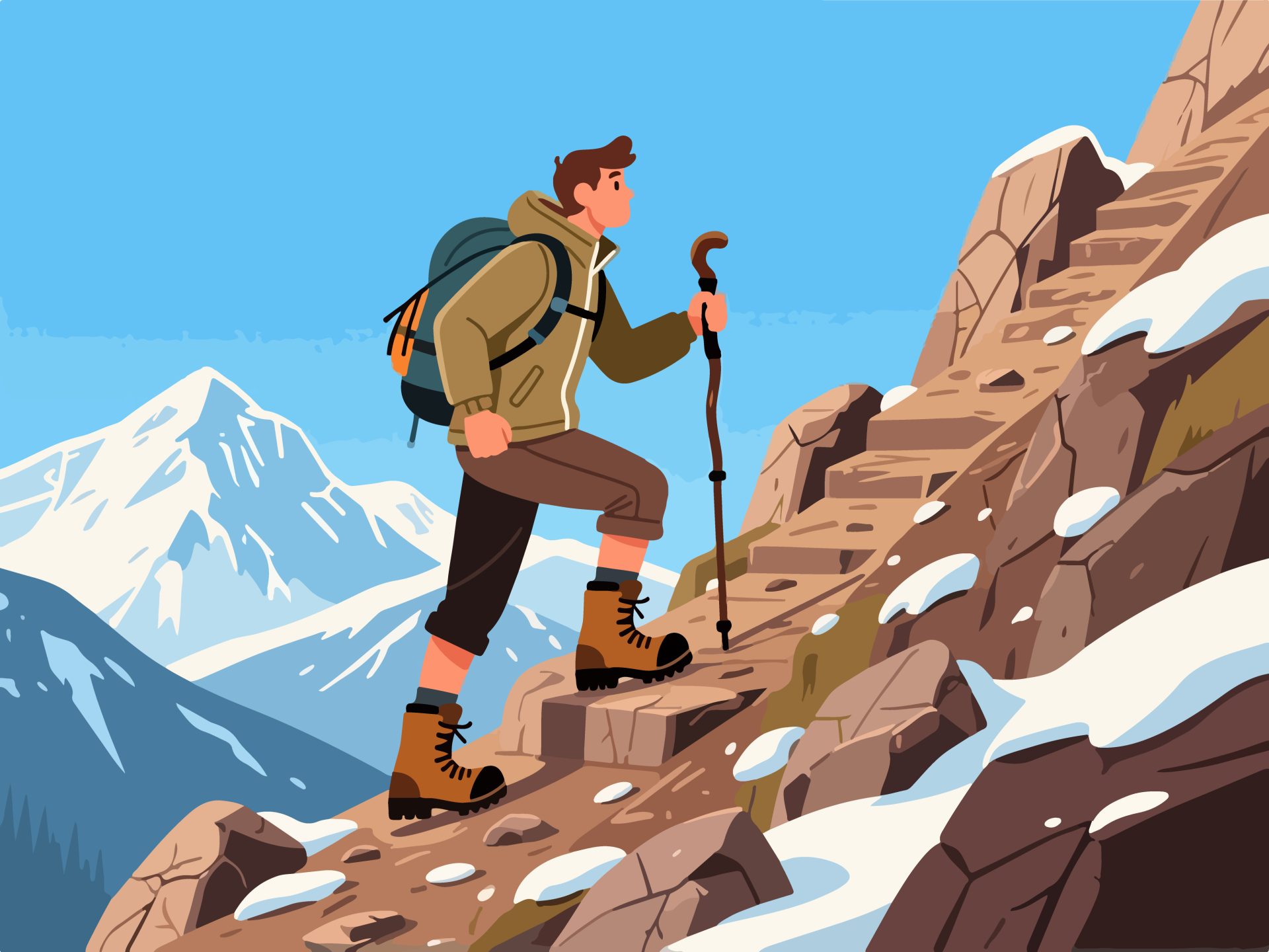 Adventurer Hiking Mountain Trail – 2D Vector Illustration