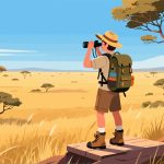Adventurer with Binoculars in Savanna – 2D Vector Design