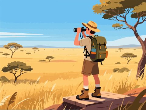 Adventurer with Binoculars in Savanna – 2D Vector Design