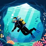 Adventurer Diving in Underwater Cave – 2D Vector Design