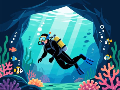 Adventurer Diving in Underwater Cave – 2D Vector Design