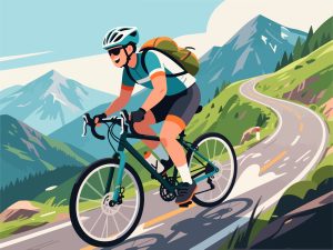 Adventurer Cycling through Mountains - 2D Vector Design