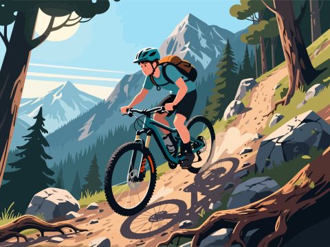 Adventurer Biking Through Mountain Trail – 2D Vector