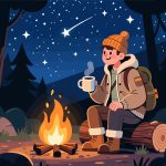 Adventurer by Campfire under Starry Sky - 2D Vector