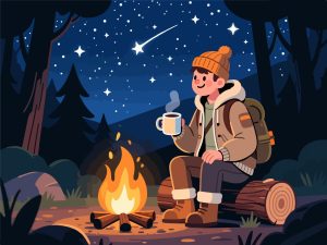 Adventurer by Campfire under Starry Sky - 2D Vector