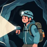 Adventurer Exploring Cave with Flashlight - 2D Vector Art