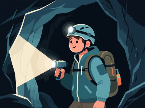 Adventurer Exploring Cave with Flashlight - 2D Vector Art