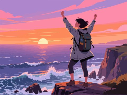 Adventurer on Cliff at Sunset – 2D Vector Design