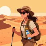 Female Adventurer Hiking through Desert - 2D Vector