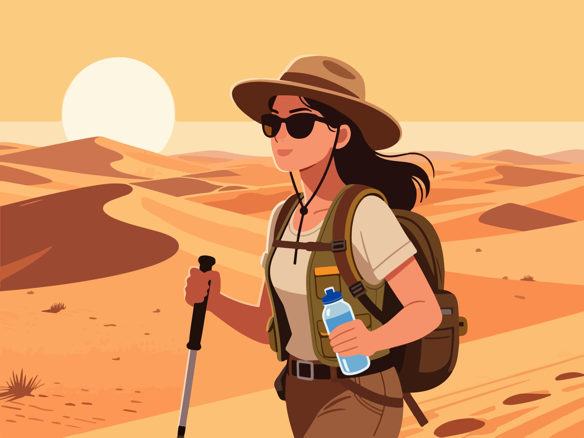 Female Adventurer Hiking through Desert - 2D Vector