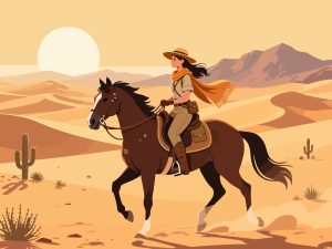 Adventurer Riding Horse Across Desert – 2D Flat Illustration