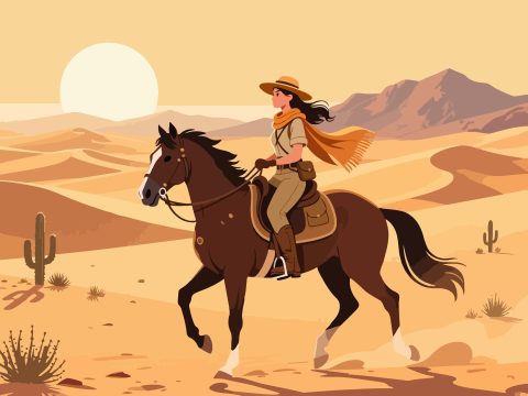 Adventurer Riding Horse Across Desert – 2D Flat Illustration
