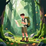 Adventurer Navigating Dense Forest – 2D Flat Vector Design