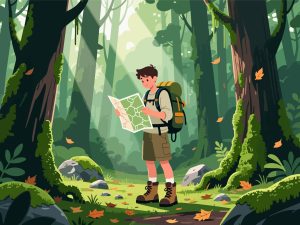Adventurer Navigating Dense Forest – 2D Flat Vector Design