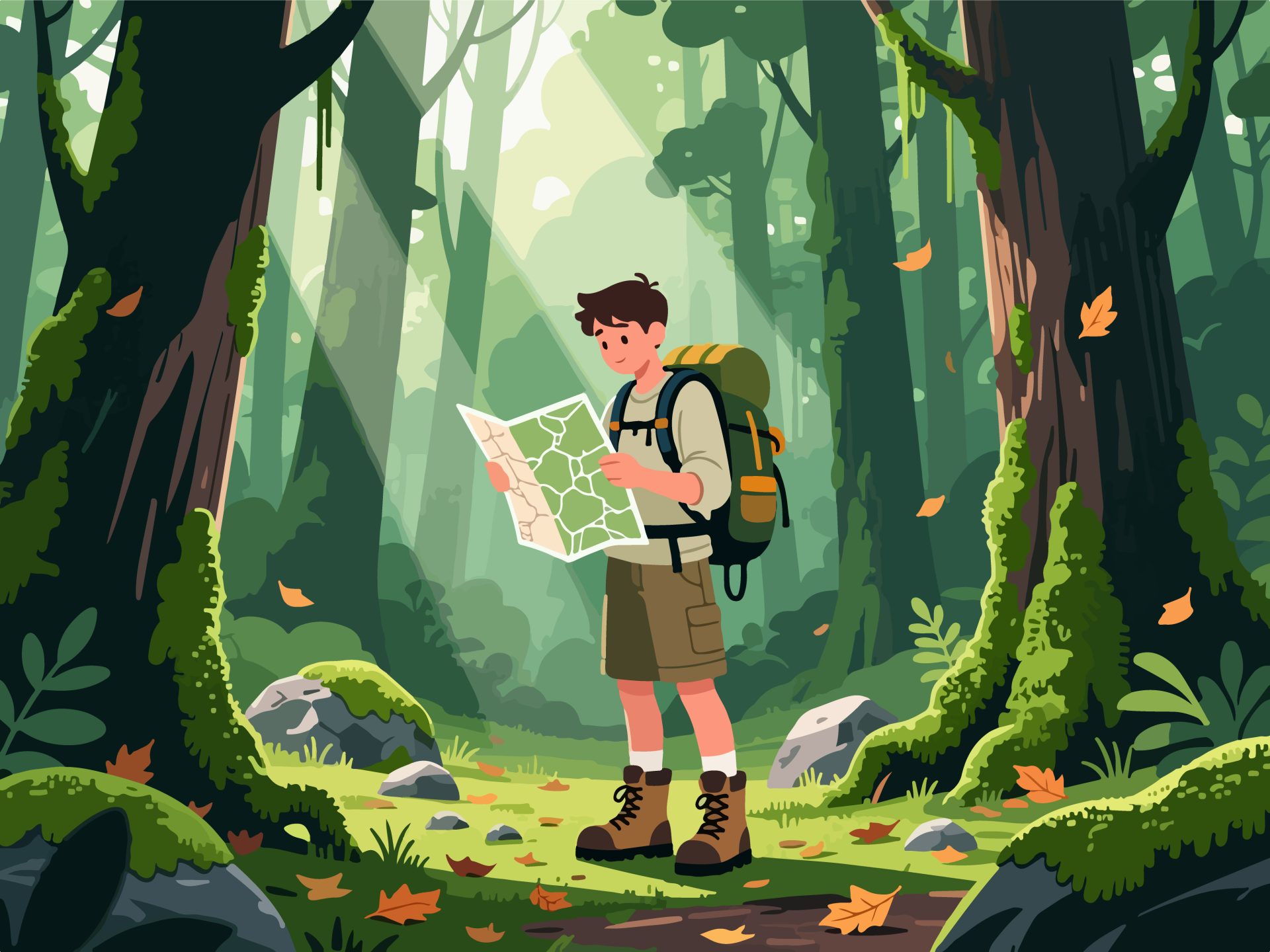 Adventurer Navigating Dense Forest – 2D Flat Vector Design