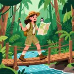 Adventurer Crossing Jungle Bridge - Flat 2D Vector