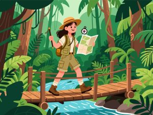 Adventurer Crossing Jungle Bridge - Flat 2D Vector