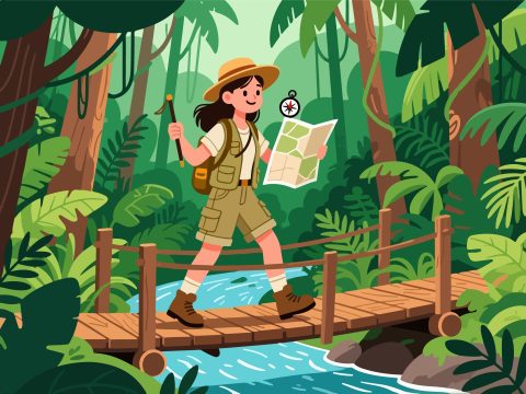 Adventurer Crossing Jungle Bridge - Flat 2D Vector