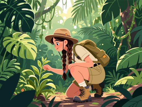 Adventurer Exploring Dense Jungle – Flat 2D Vector Art