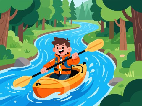 Adventurer Kayaking on River - 2D Flat Design Vector