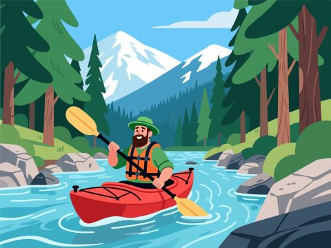 Adventurer Kayaking Through River – 2D Flat Illustration