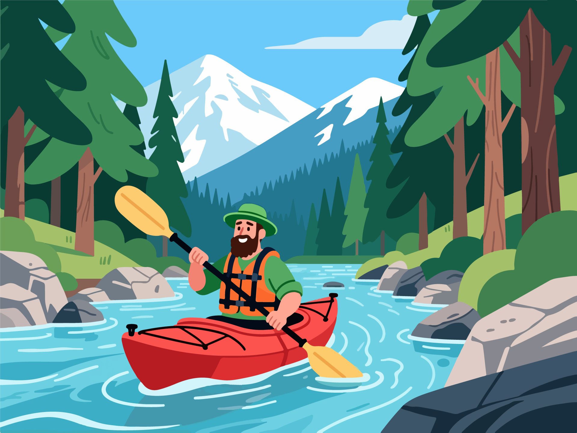 Adventurer Kayaking Through River – 2D Flat Illustration