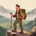 Adventurer on Mountain Cliff - Flat 2D Vector Design