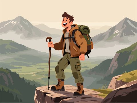Adventurer on Mountain Cliff - Flat 2D Vector Design