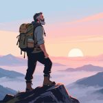 Adventurer on Mountain Peak at Sunrise – 2D Vector Art