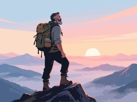 Adventurer on Mountain Peak at Sunrise – 2D Vector Art