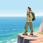 Adventurer Gazing at Ocean from Cliff - 2D Vector Art
