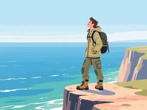 Adventurer Gazing at Ocean from Cliff - 2D Vector Art