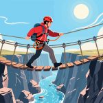 Adventurer Crossing Rope Bridge over Ravine – Flat 2D Art