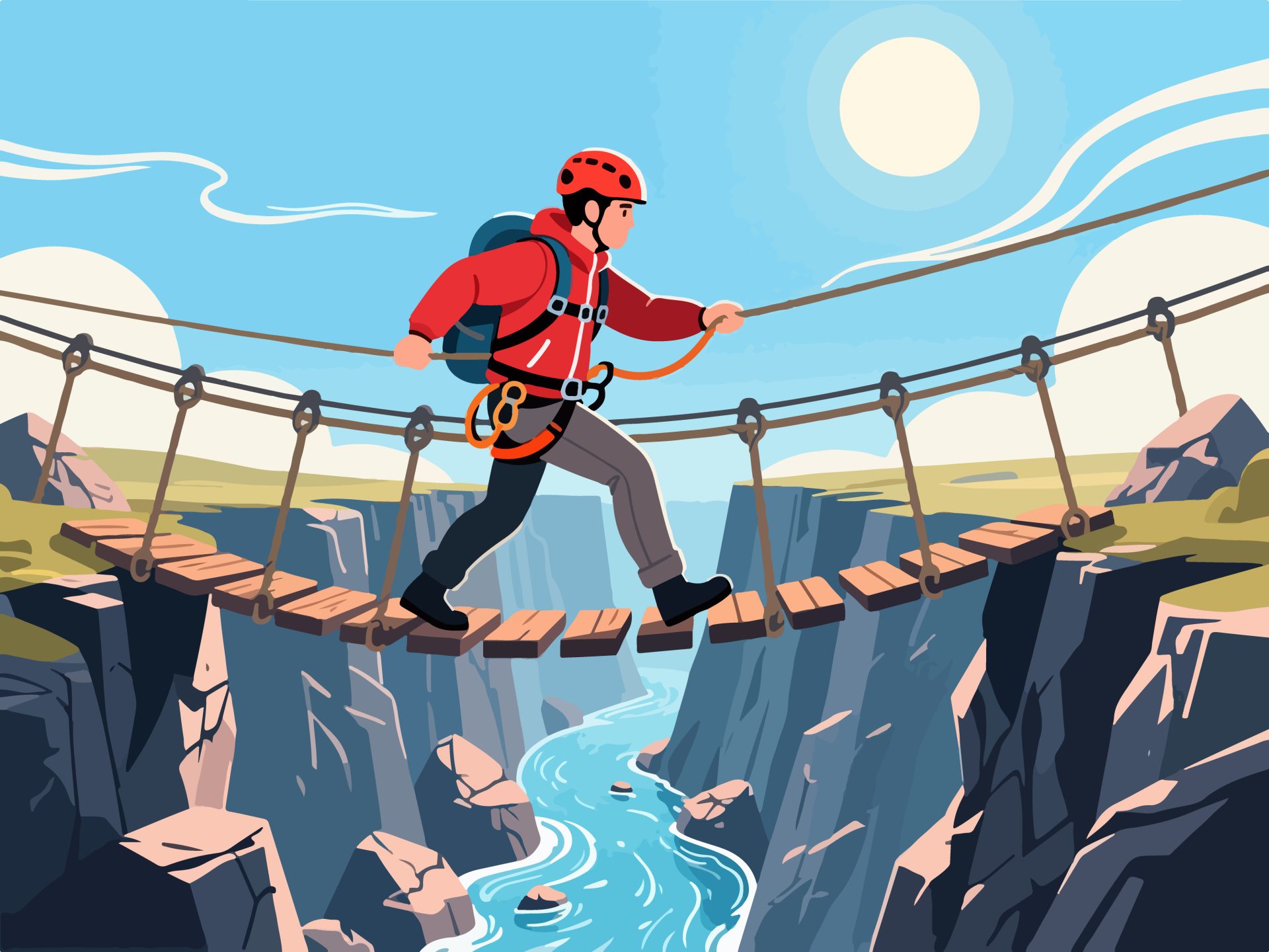 Adventurer Crossing Rope Bridge over Ravine – Flat 2D Art