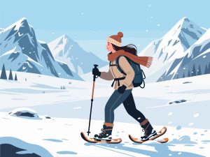 Adventurer Trekking Across Snowy Mountain – 2D Vector