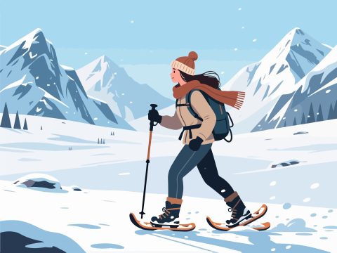 Adventurer Trekking Across Snowy Mountain – 2D Vector